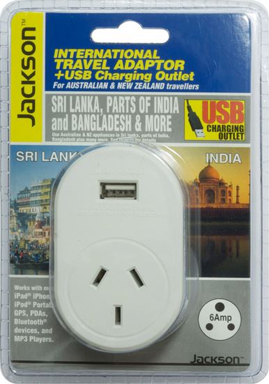 Jackson Outbound Travel Adaptor With 1x USB Charging Port, Converts NZ/AUS Plugs for use in Sri Lanka & India CDPTA8814USB