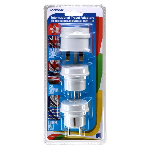 Jackson Pack of 3 Travel Adapters NZ/AU Socket to US, UK, Europe Plug, Suitable for over 150 countries CDPTA6663