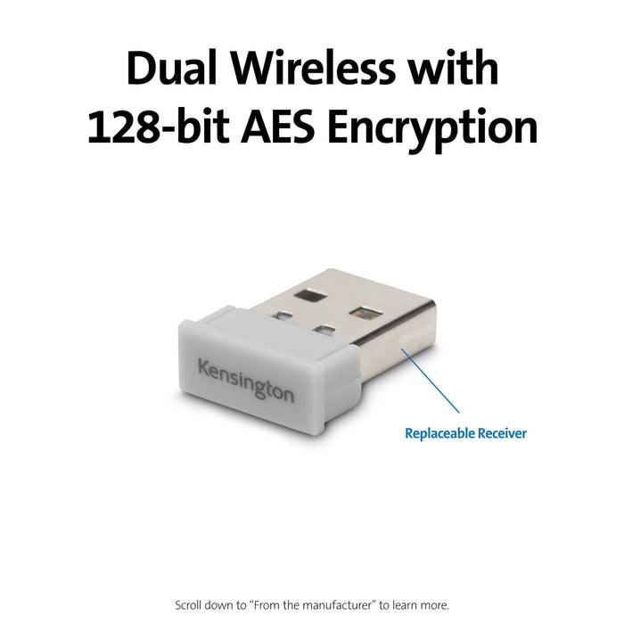 Kensington Pro Fit Ergo Dual Wireless Keyboard, Grey, Ergonomic, Wrist Rest, Spill-Proof AOK75402US