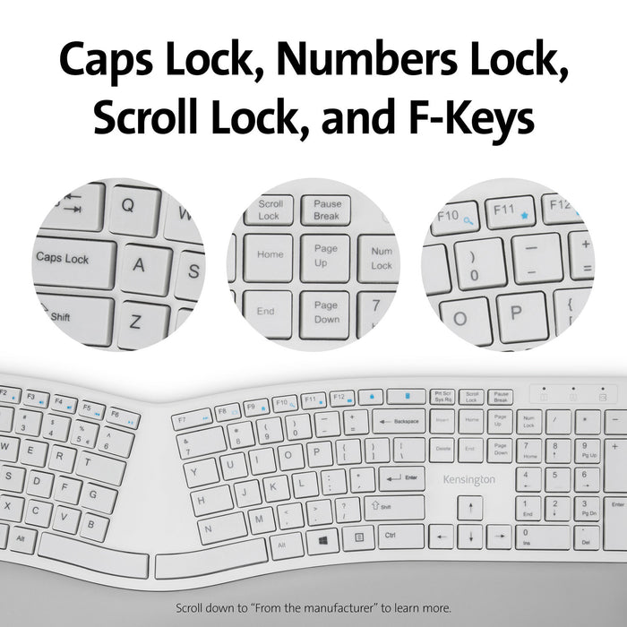 Kensington Pro Fit Ergo Dual Wireless Keyboard, Grey, Ergonomic, Wrist Rest, Spill-Proof AOK75402US