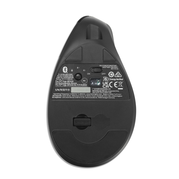 Kensington Pro Fit Ergo MY630 EQ Rechargeable Mouse, Black AOK72484WW