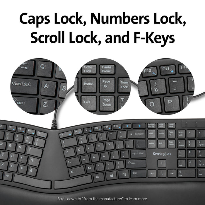 Kensington Pro Fit Ergo Wired Keyboard, Built-In Wrist Rest, Spill-Proof Keys, Ergonomist Approved AOK75400US