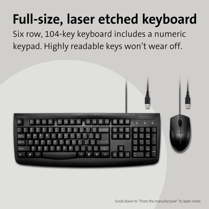 Kensington Pro Fit Washable Wired Waterproof Keyboard & Mouse Set AOK70316US