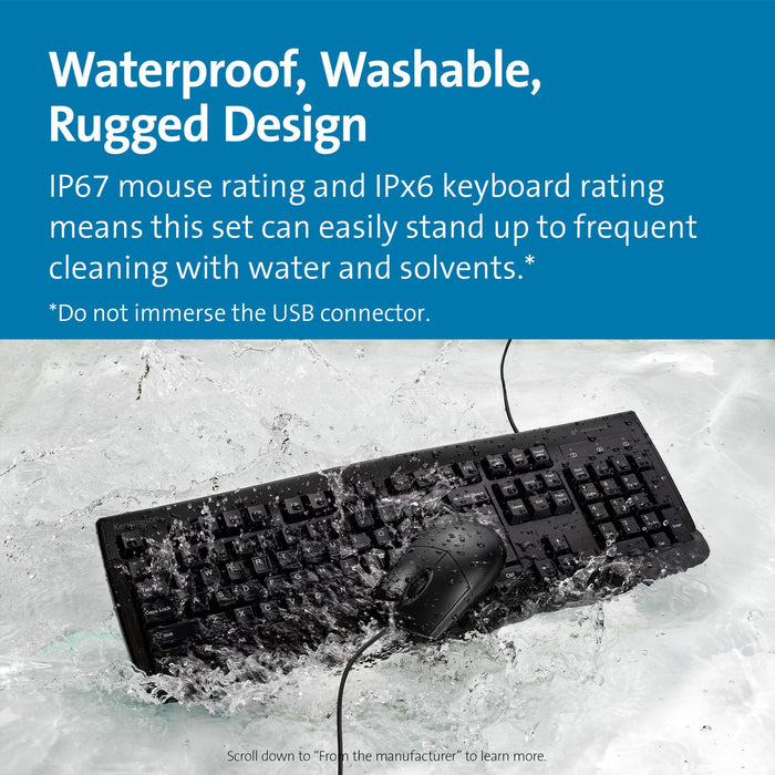 Kensington Pro Fit Washable Wired Waterproof Keyboard & Mouse Set AOK70316US