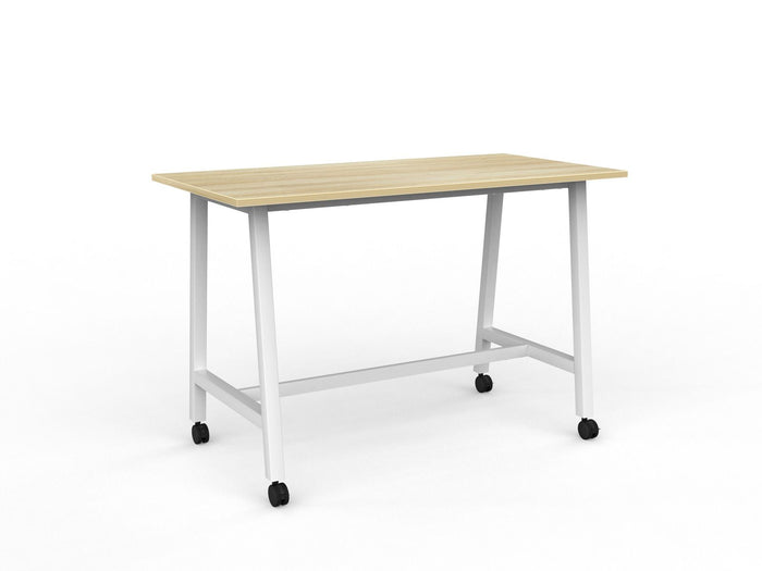 Knight's Cubit Bar Leaner Table with Castors, 1600mm x 800mm - White Frame (Choice of Worktop Colours) Atlantic Oak KG_NCBBARL168C_W_AO