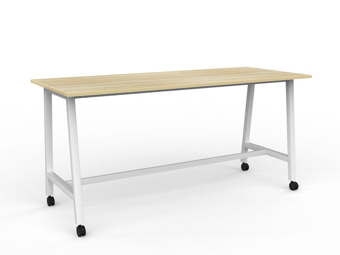 Knight's Cubit Bar Leaner Table with Castors, 2200mm x 900mm - White Frame (Choice of Worktop Colours) Atlantic Oak KG_NCBBARL229C_W_AO