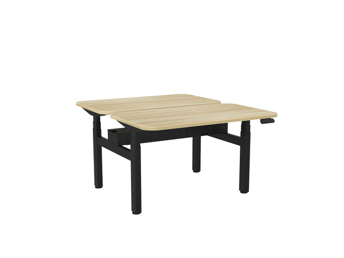 Knight's Haven 1200mm x 700mm Electric Height Adjustable Double Sided Desk, Black Powdercoat Frame, Radius Corners Top, Choice of Worktop Colours Atlantic Oak KG_HVE3DSD127RBAO