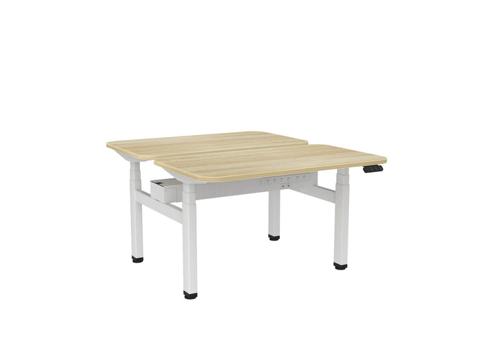 Knight's Haven 1200mm x 700mm Electric Height Adjustable Double Sided Desk, White Powdercoat Frame, Radius Corners Top, Choice of Worktop Colours Atlantic Oak KG_HVE3DSD127RWAO