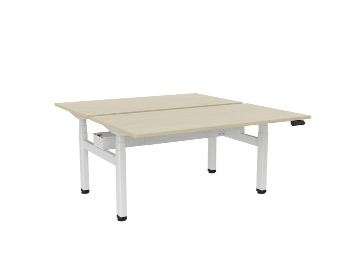 Knight's Haven 1500mm x 800mm Electric Height Adjustable Double Sided Desk, White Powdercoat Frame, Choice of Worktop Colours Nordic Maple KG_HVE3DSD158WNM