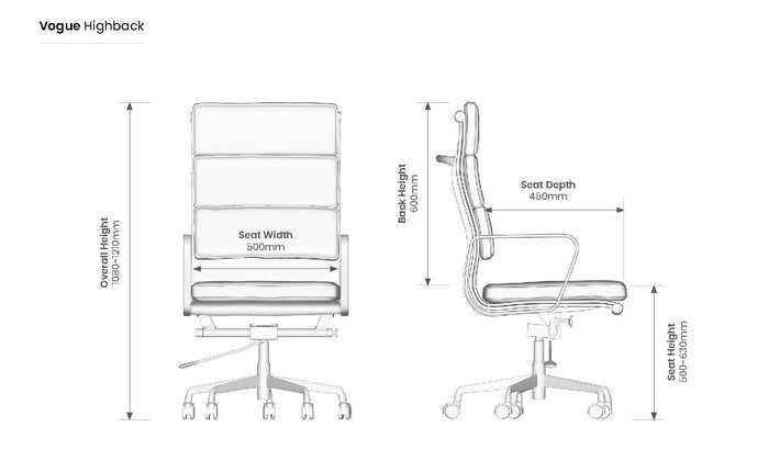 Knight's Vogue Genuine Black Coloured Leather Main Front Panel, Highback Chair With Armrest, Unassembled KG_VOGUEHLBBKD