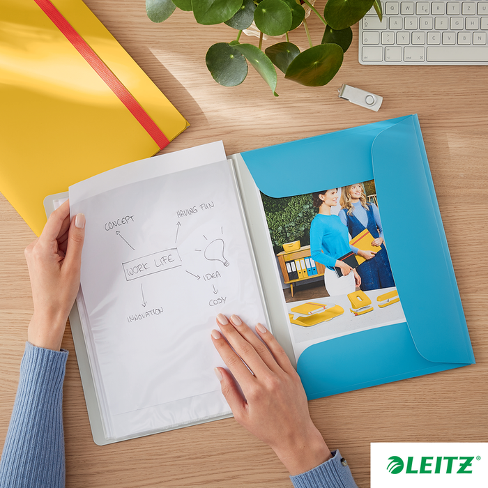 Leitz Cosy A4 Display Book, 20 Clear Pockets with 3 Flap Folder, Elastic Closure, Blue AO46700061