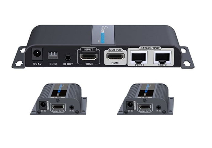 LENKENG 1-In-2-Out 1080P HDMI Extender. 1x HDMI in & 2x RJ45 out. Compatible with CAT6/6a/7 Cables, Transmit up to 40m, Plug & Play, Wall-mountable, Supports EDID, Includes 1x Transmitter & 2x Rx. CDLKV712PRO