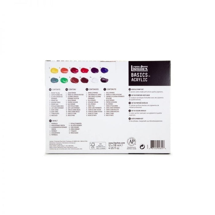 Liquitex Basics Acrylic Paint Set of 12 x 118ml, Assorted Colours JA0084160