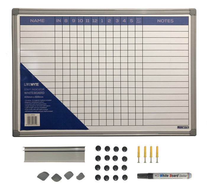 Litewyte Staff Indicator Whiteboard, 16 Names,  420mm x 600mm BVLWSIB16