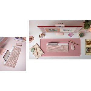 Logitech K580 Slim Multi-Device Wireless Keyboard - Wireless Connectivity - Bluetooth/RF - 10 m - 2.40 GHz - English - Computer, Smartphone, Tablet, Notebook - PC, Mac - AAA Battery Size Supported - Rose IM5682150