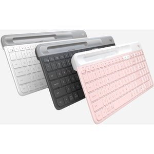 Logitech K580 Slim Multi-Device Wireless Keyboard - Wireless Connectivity - Bluetooth/RF - 10 m - 2.40 GHz - English - Computer, Smartphone, Tablet, Notebook - PC, Mac - AAA Battery Size Supported - Rose IM5682150