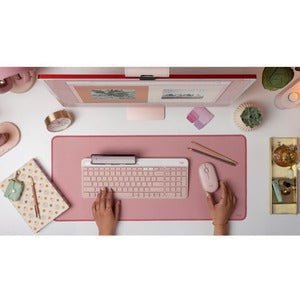Logitech K580 Slim Multi-Device Wireless Keyboard - Wireless Connectivity - Bluetooth/RF - 10 m - 2.40 GHz - English - Computer, Smartphone, Tablet, Notebook - PC, Mac - AAA Battery Size Supported - Rose IM5682150