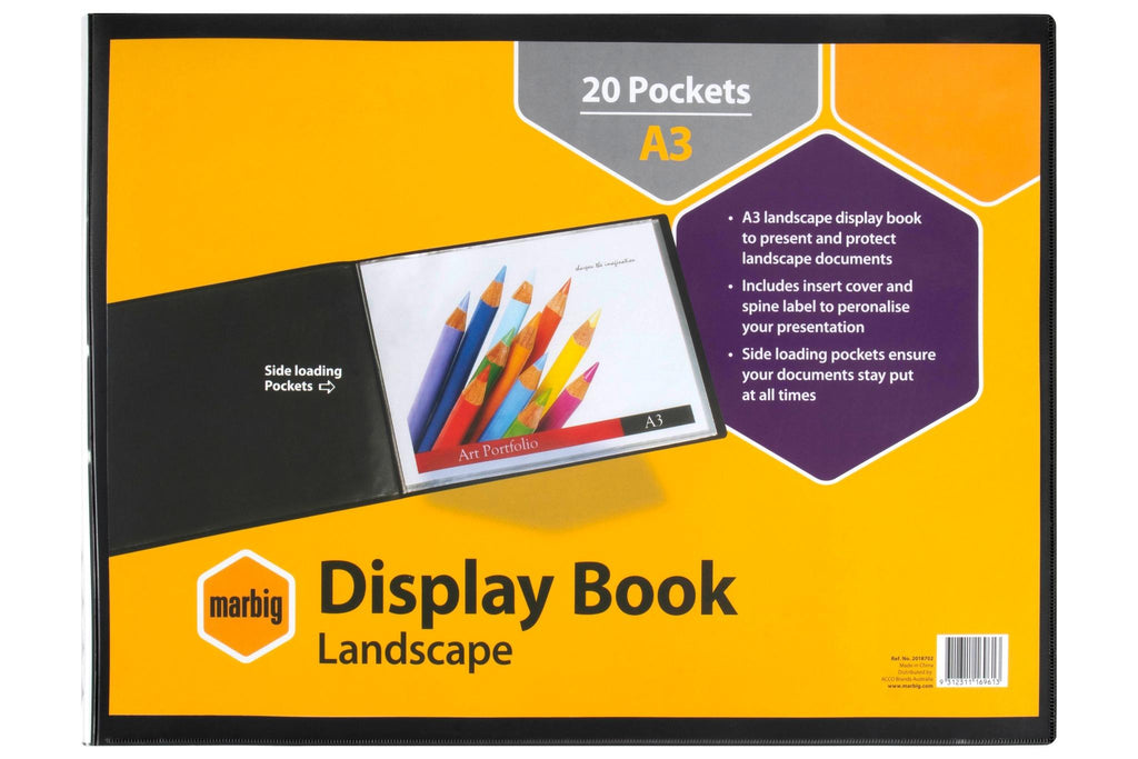 Marbig 20 Pocket A3 Non-Refillable Display Book, Insert Cover, Landsca ...