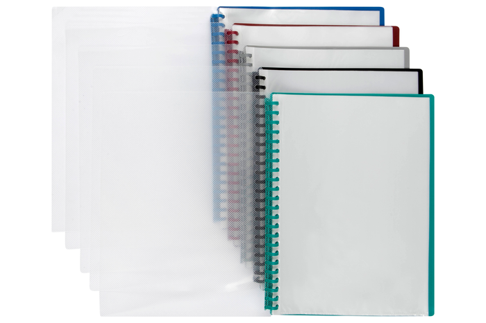 Marbig A4 20 Pocket Refillable Display Book, Clear Front, Assorted Colour Backing x 12's pack AO2007299