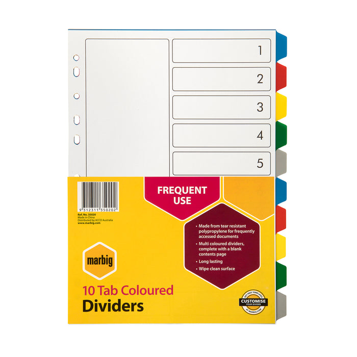 Marbig A4 Coloured Polypropylene Indices/Divider, 10 Tabs AO35020