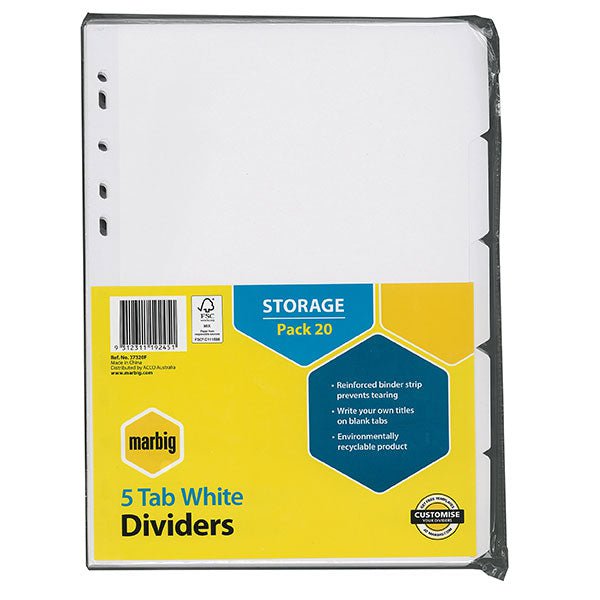 Marbig A4 Dividers 5 Tab White Manilla x 20's pack AO37320F