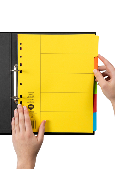 Marbig A4 Extra Wide Bright Coloured Manilla Indices/Divider, 5 Tabs AO37180F