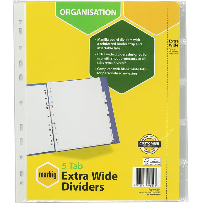 Marbig A4 Extra Wide White Manilla Dividers 5 Tabs AO37650F