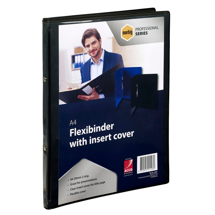 Marbig A4 Flexibinder, 2 Ring, 20mm, Insertable Clear Cover, Black AO47483