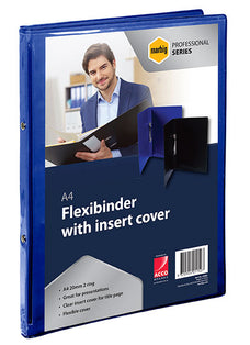 Marbig A4 Flexibinder, 2 Ring, 20mm O Ring, Insertable Clear Cover, Blue AO47485