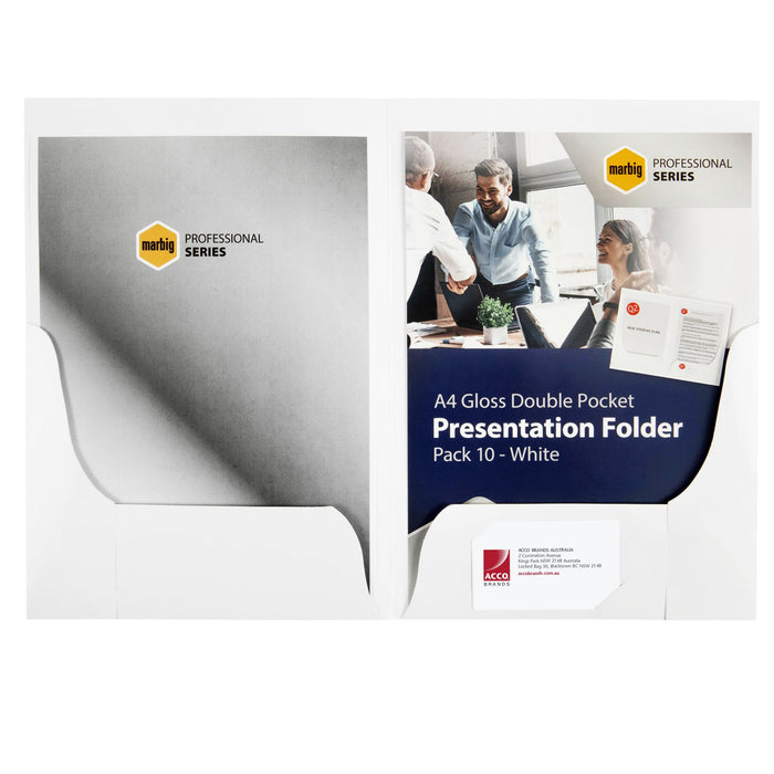 Marbig A4 Gloss Double Pocket Presentation Folders, White, Pack of 10 AO1104108