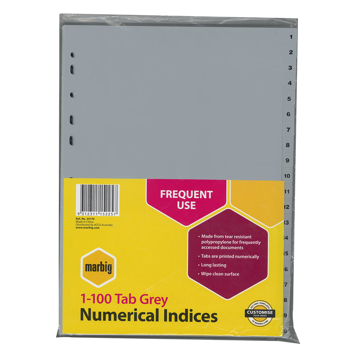Marbig A4 Grey Polypropylene Indices/Divider, 1-100 AO35170