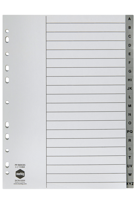 Marbig A4 Grey Polypropylene Indices/Divider, A-Z AO35050