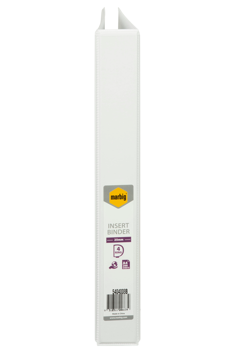 Marbig A4 Insert Cover Ring Binder, 25mm 4 D Rings, White AO5404008B