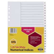 Marbig A4 White Polypropylene Indices/Divider, 1-20 AO35131