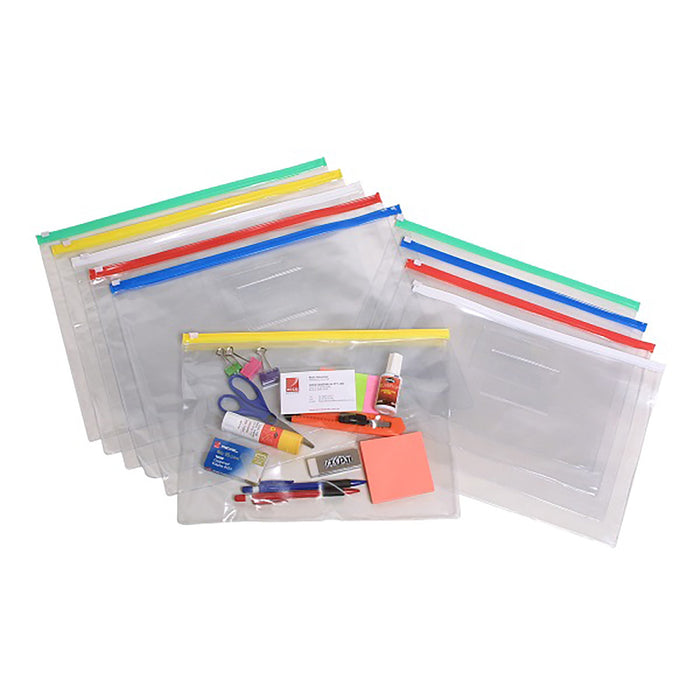 Marbig A4 Zip Clear Case pack of 12 in Assorted Colours (335mm x 245mm) AO9008099