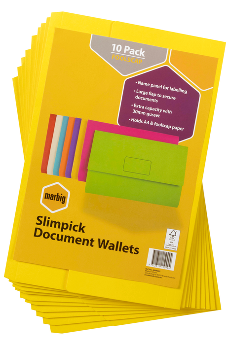 Marbig Foolscap Cardboard Document Wallet, 30mm Gusset, Yellow, 10's pack AO4004305