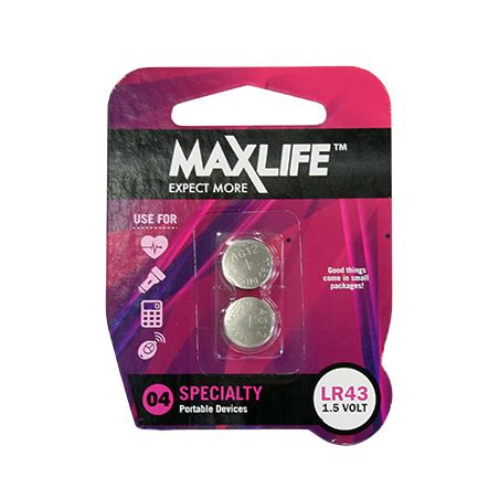 Maxlife LR43 Alkaline Button Cell Battery, 2 Pack CDBAT43-A2