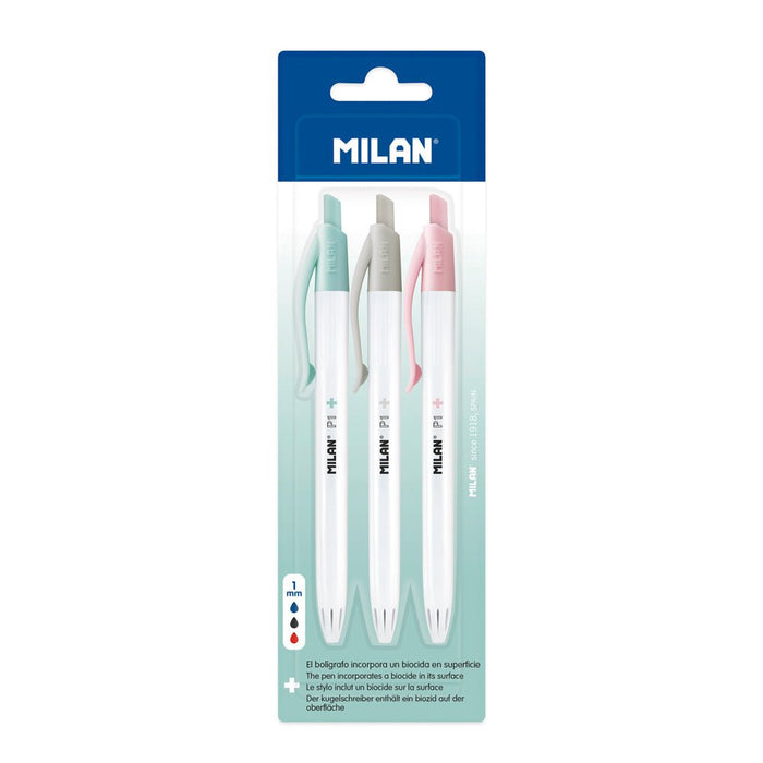Milan Anti-Bacterial P1+ Assorted Colour Ballpoint Pens 3's pack CX214394