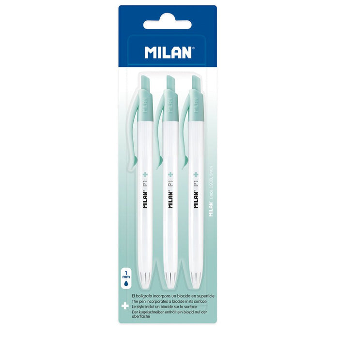 Milan Anti-Bacterial P1+ Ballpoint Pen Blue Pack 3 CX214393