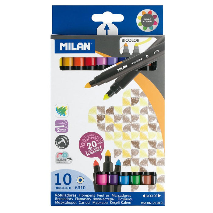 Milan Assorted Colours Bicolor Double Ended Tip Markers 10's Pack CX214239