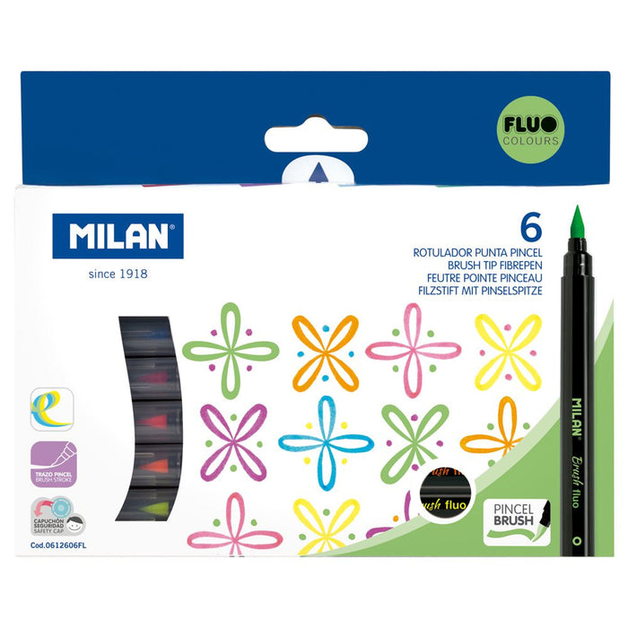 Milan Brush Tip Fluoro Fibre Tip Markers 6's pack CX214386