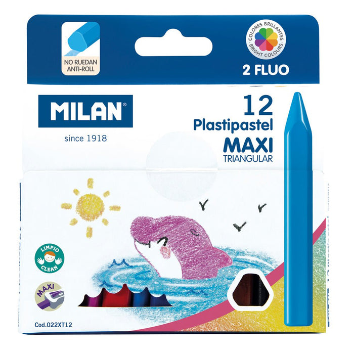 Milan Plastipastel Maxi Triangular Pack 12 Assorted Colours CX214424