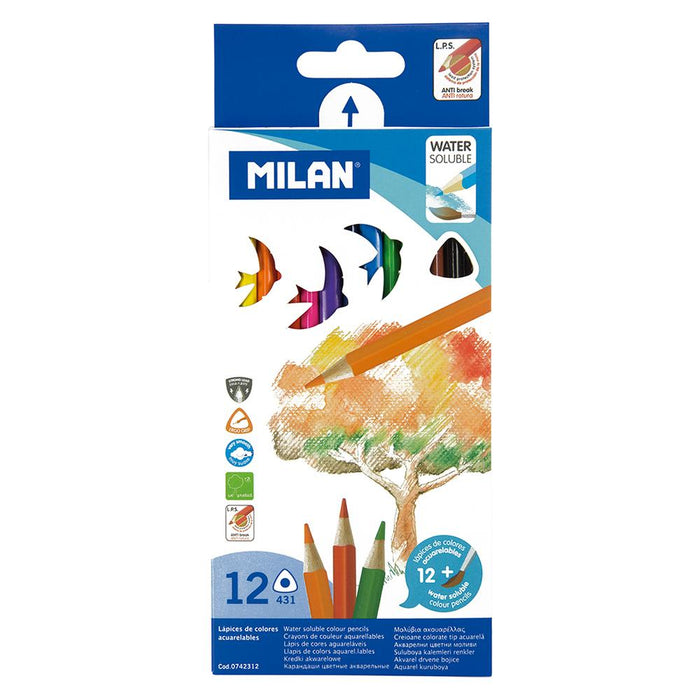 Milan Water Soluble Coloured Pencils Triangular Pack Of 12 Assorted Colours CX214237