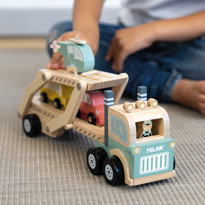 Milan Wooden Educational Wheels on the Road Vehicle Transporter including 2 Cars, 1 Helicopter & Loading Ramp CX1002247
