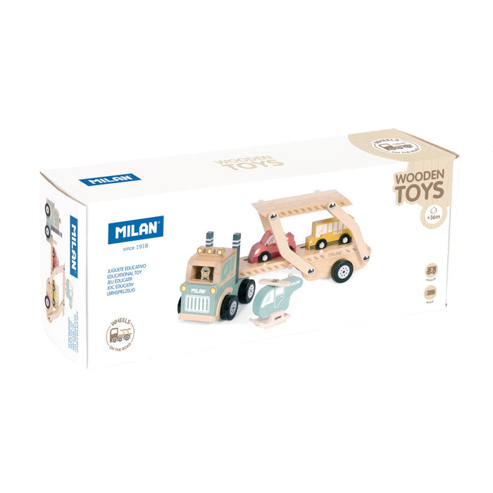 Milan Wooden Educational Wheels on the Road Vehicle Transporter including 2 Cars, 1 Helicopter & Loading Ramp CX1002247