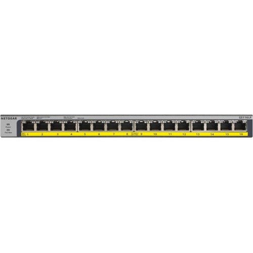 Netgear 16-Port PoE/PoE+ Gigabit Ethernet Unmanaged Switch (GS116LP) - 16 Ports - Gigabit Ethernet - 1000Base-T - 2 Layer Supported - Twisted Pair - Wall Mountable, Rack-mountable, Desktop - Lifetime Limited Warranty IM4252682