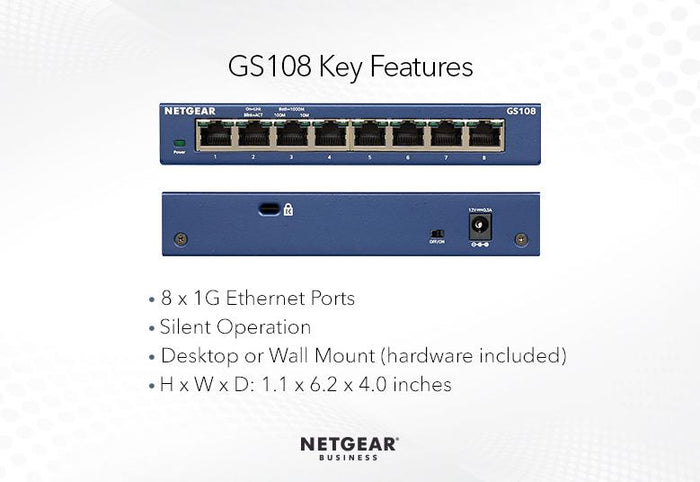Netgear GS108 Switch, ProSafe 8-Port Gigabit Switch NN52655