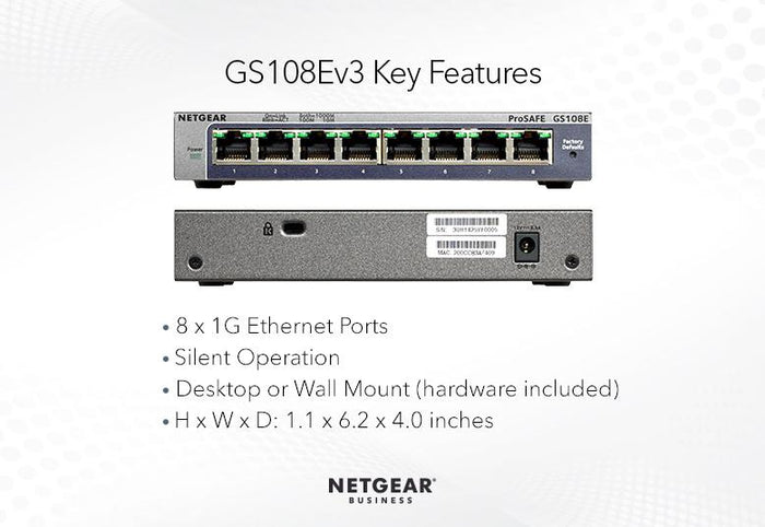 Netgear GS108E Switch, V3 ProSafe Plus 8-Port Gigabit Ethernet NN65906