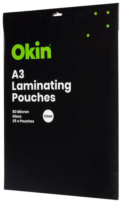 Okin A3 Gloss 80mic Laminating Pouches, Pack of 25 FPLAMA325