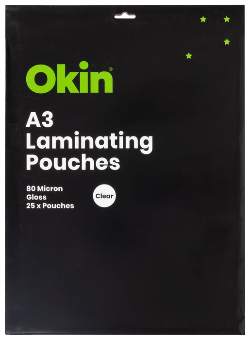 Okin A3 Gloss 80mic Laminating Pouches, Pack of 25 FPLAMA325